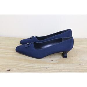 New Stuart Weitzman Shoes 7.5W Blue Navy Fabric Square Kitten Heel Pumps